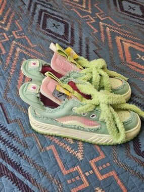 Women’s Pastel Green Fuzzy Lace-Up Sneakers with Pink Accents
